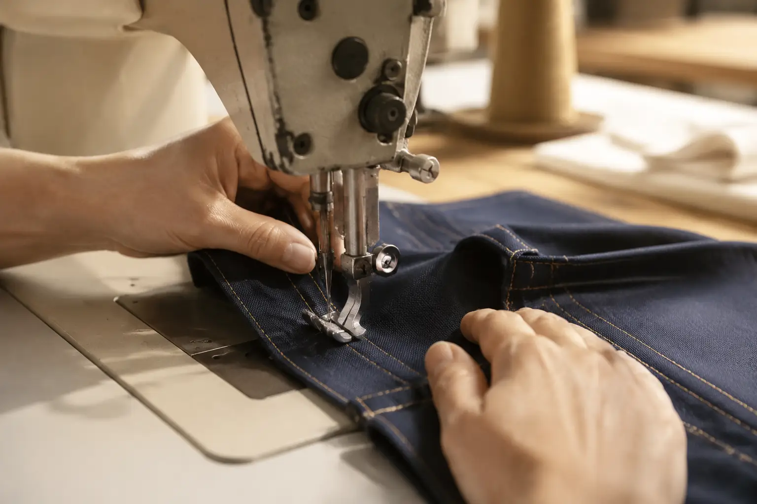 Hands guiding navy fabric with gold topstitch through an industrial sewing machine