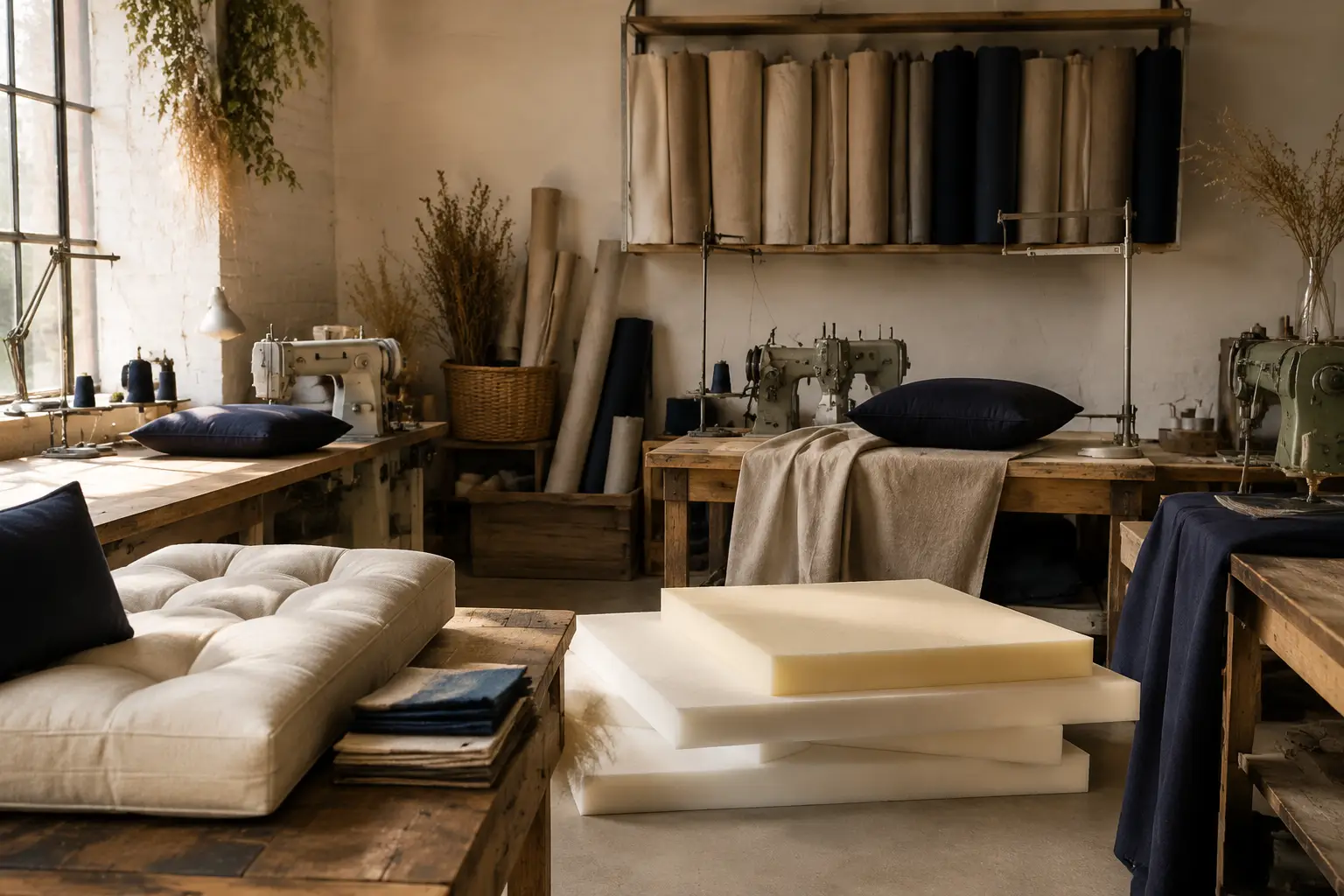 Cushion Mill workshop — cutting tables, foam slabs and fabric bolts in warm light