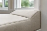 Custom bay window cushions &mdash; seat pads & corner wedges construction close-up — foam core, fabric and stitching detail