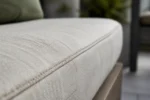 Custom indoor bench cushions construction close-up — foam core, fabric and stitching detail