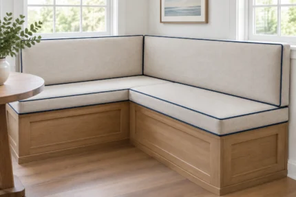 Measuring for custom breakfast nook cushions — dimensions taken edge to edge for an exact factory cut