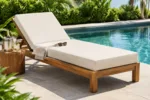 Custom outdoor chaise lounge cushion, hinged one-piece build on a patio lounger
