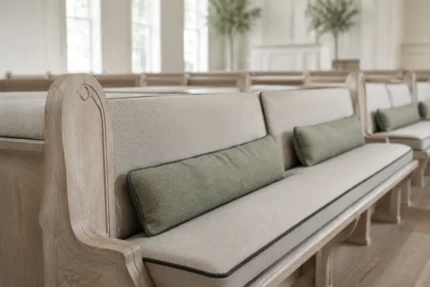 Measuring for custom church pew cushions — dimensions taken edge to edge for an exact factory cut