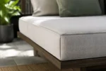 Custom daybed cushions construction close-up — foam core, fabric and stitching detail