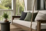 Measuring for custom porch swing cushions — dimensions taken edge to edge for an exact factory cut