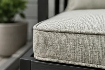 Custom replacement patio chair cushions construction close-up — foam core, fabric and stitching detail