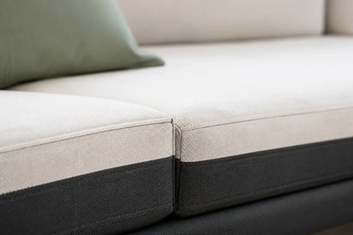 Custom outdoor sectional cushions construction close-up — foam core, fabric and stitching detail