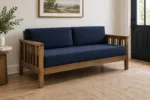 Custom replacement settee cushions construction close-up — foam core, fabric and stitching detail