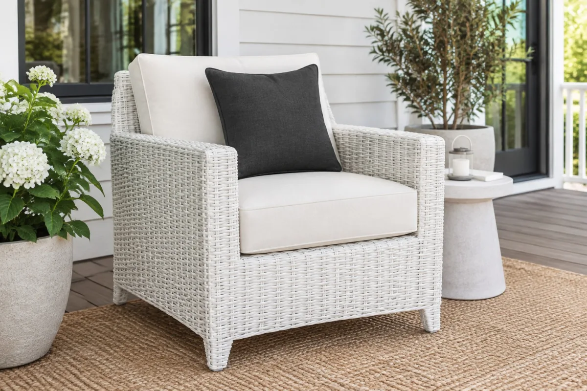 Measuring for custom wicker chair cushions — dimensions taken edge to edge for an exact factory cut