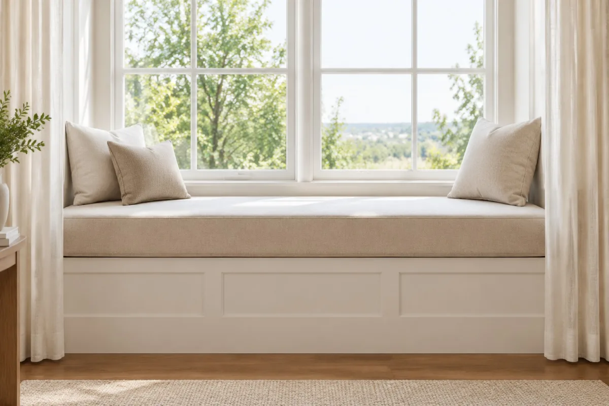 Measuring for custom window seat cushions for built-in benches & nooks — dimensions taken edge to edge for an exact factory cut