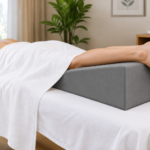 Wedge massage bolster placed under the ankles of a prone client on a massage table