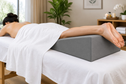 Wedge massage bolster placed under the ankles of a prone client on a massage table