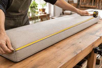 measuring a long bench cushion — tape measure run edge to edge along the length