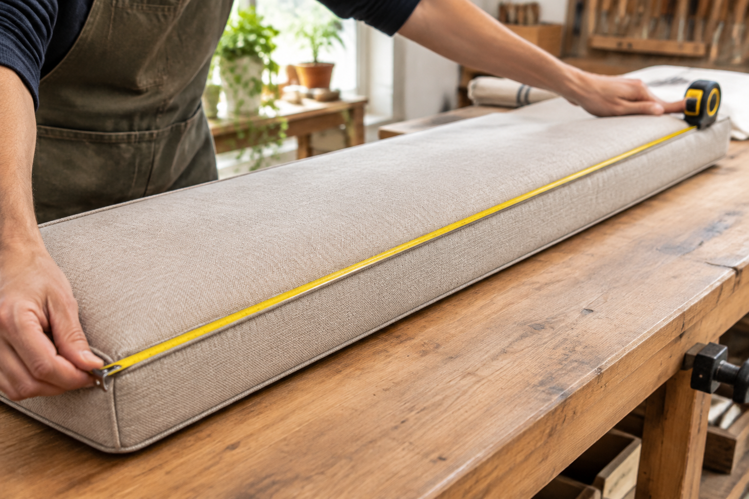 measuring a long bench cushion — tape measure run edge to edge along the length
