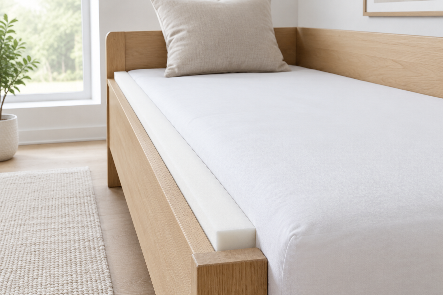 Bed gap filler strip closing the seam between a daybed side rail and the mattress