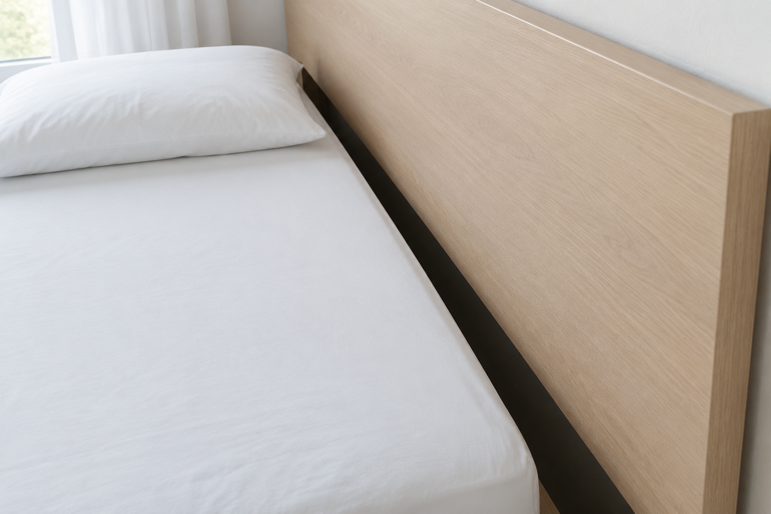 Empty unfilled gap between the mattress and the headboard left by size mismatch, the seam a bed gap filler closes before it swallows phones and pillows