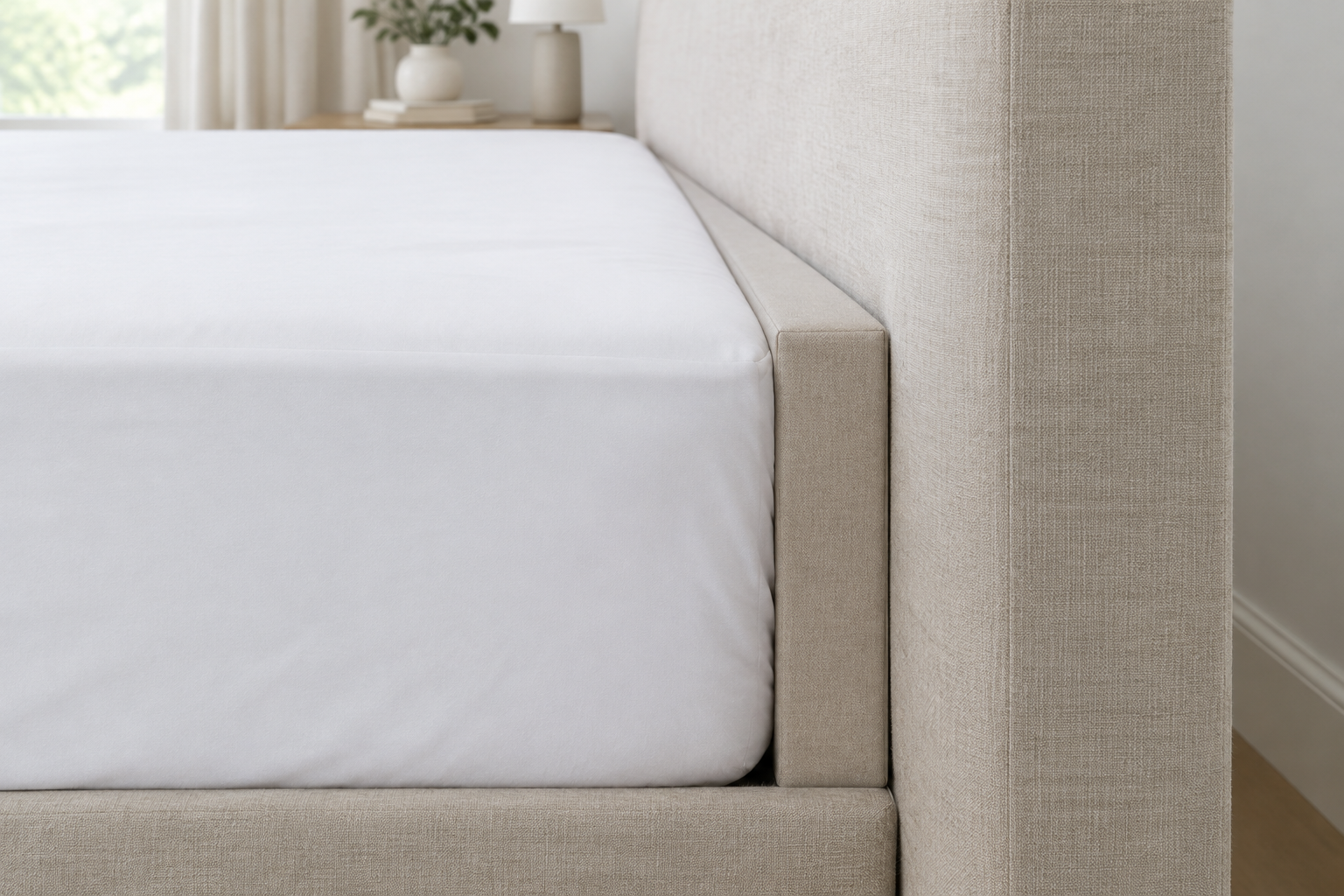 Bed gap filler with optional plain linen fabric cover, sewn flat, seated in the headboard gap