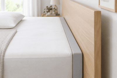 Custom bed gap filler: one rectangular foam strip pressed into the gap between mattress and headboard, top flush with the mattress