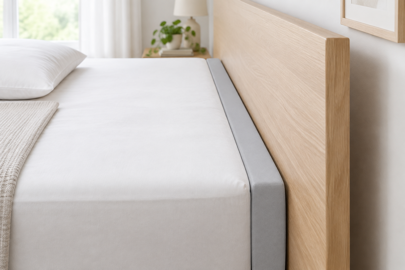 A single foam bed gap filler strip closing the gap between mattress and headboard, top surface flush with the mattress