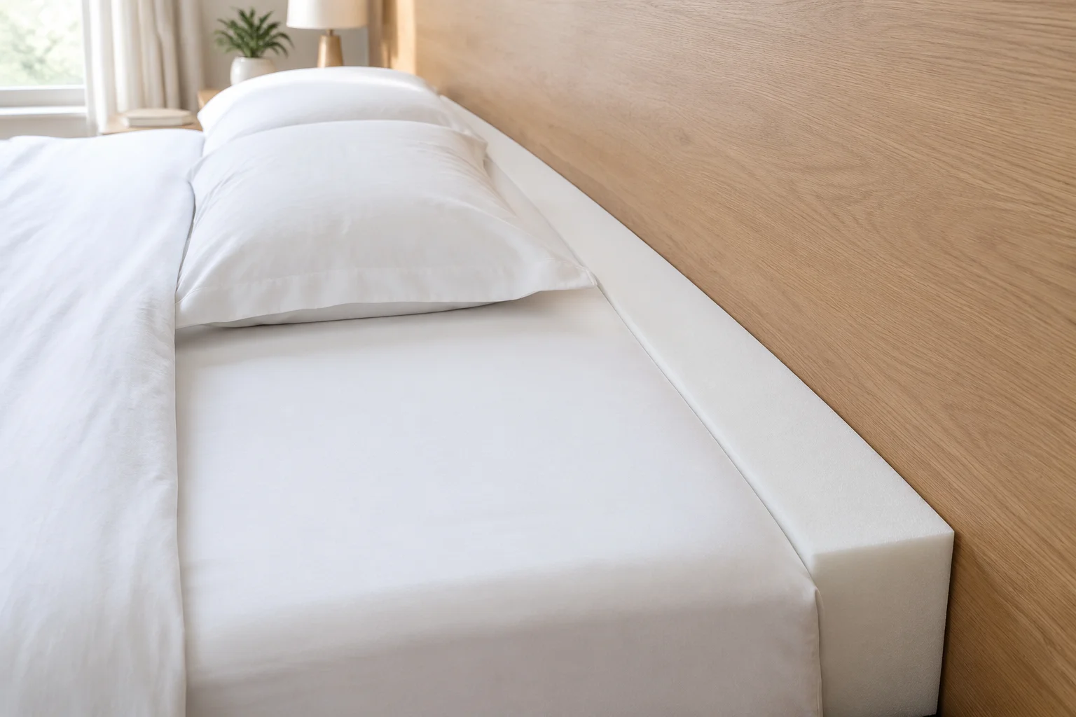 Firm flat foam strip installed flush with the mattress top filling the gap between mattress and headboard, white bedding in place