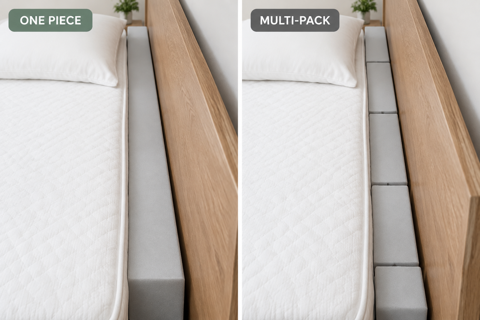 One continuous bed gap filler strip versus a multi-pack of short sticks with moving seams between segments, mattress to headboard