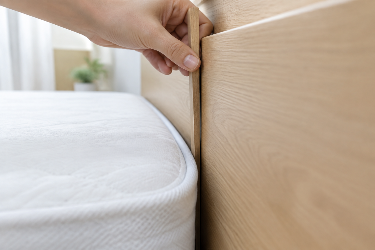 How to measure for a bed gap filler: slip a ruler into the mattress-to-headboard gap and read where it binds