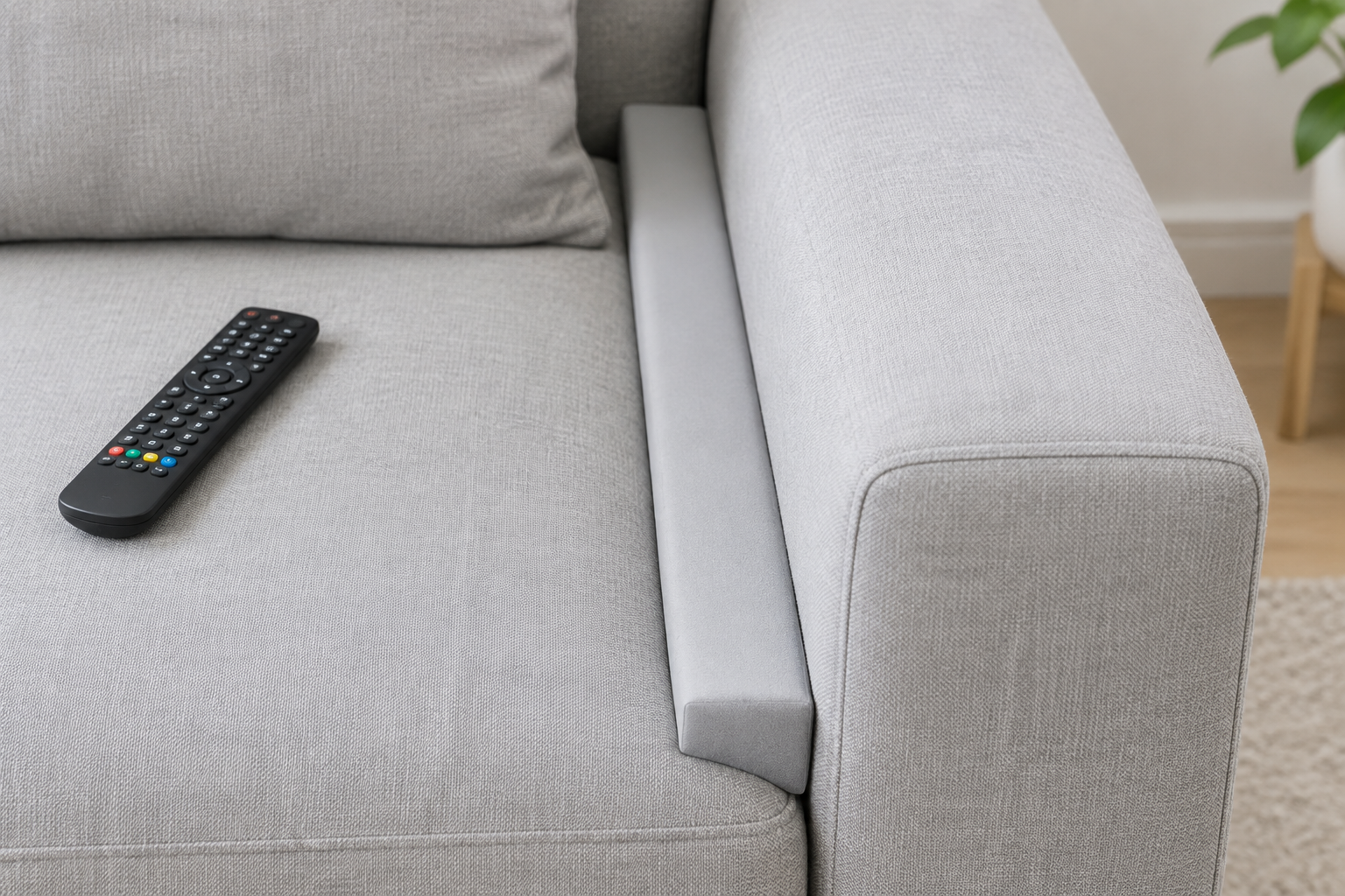 The same foam bed gap filler strip closing a sofa arm gap next to the remote
