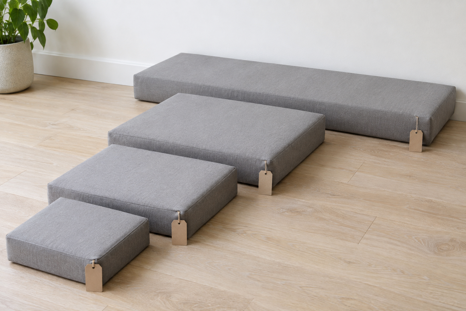 Custom cushions cut to different sizes from a small dining pad to a long bench pad - one formula, any measurements