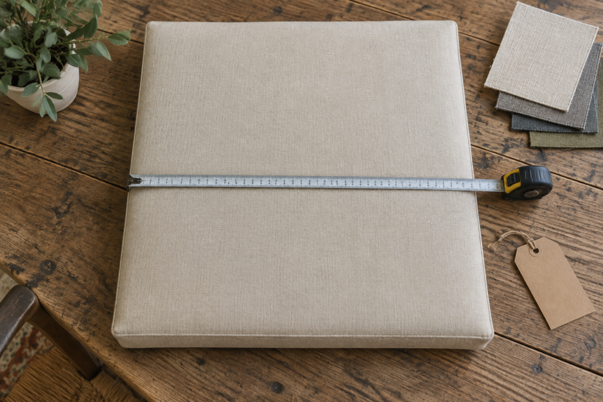 Steel tape measure laid across an oatmeal custom seat cushion with fabric swatch cards and a kraft price tag
