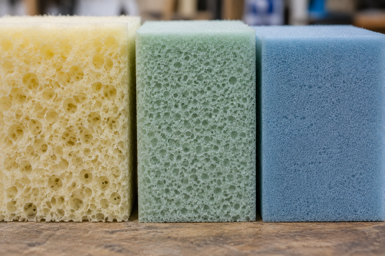 Three foam cross-sections side by side showing increasingly fine and dense cell structure from 35D to 65D foam