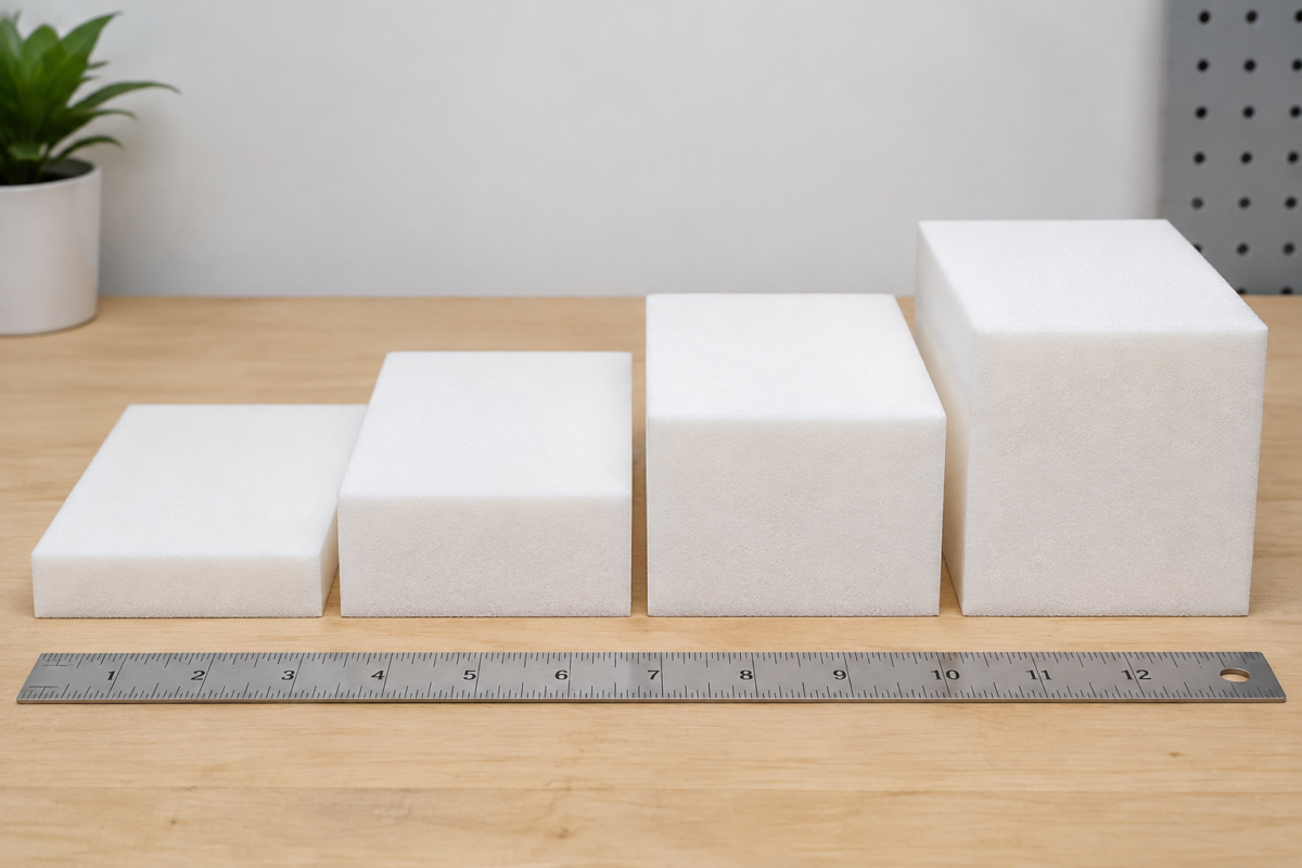 Four bare foam blocks of the same footprint arranged from thin to thick in a staircase with an inch ruler in front - outdoor cushion thickness guide
