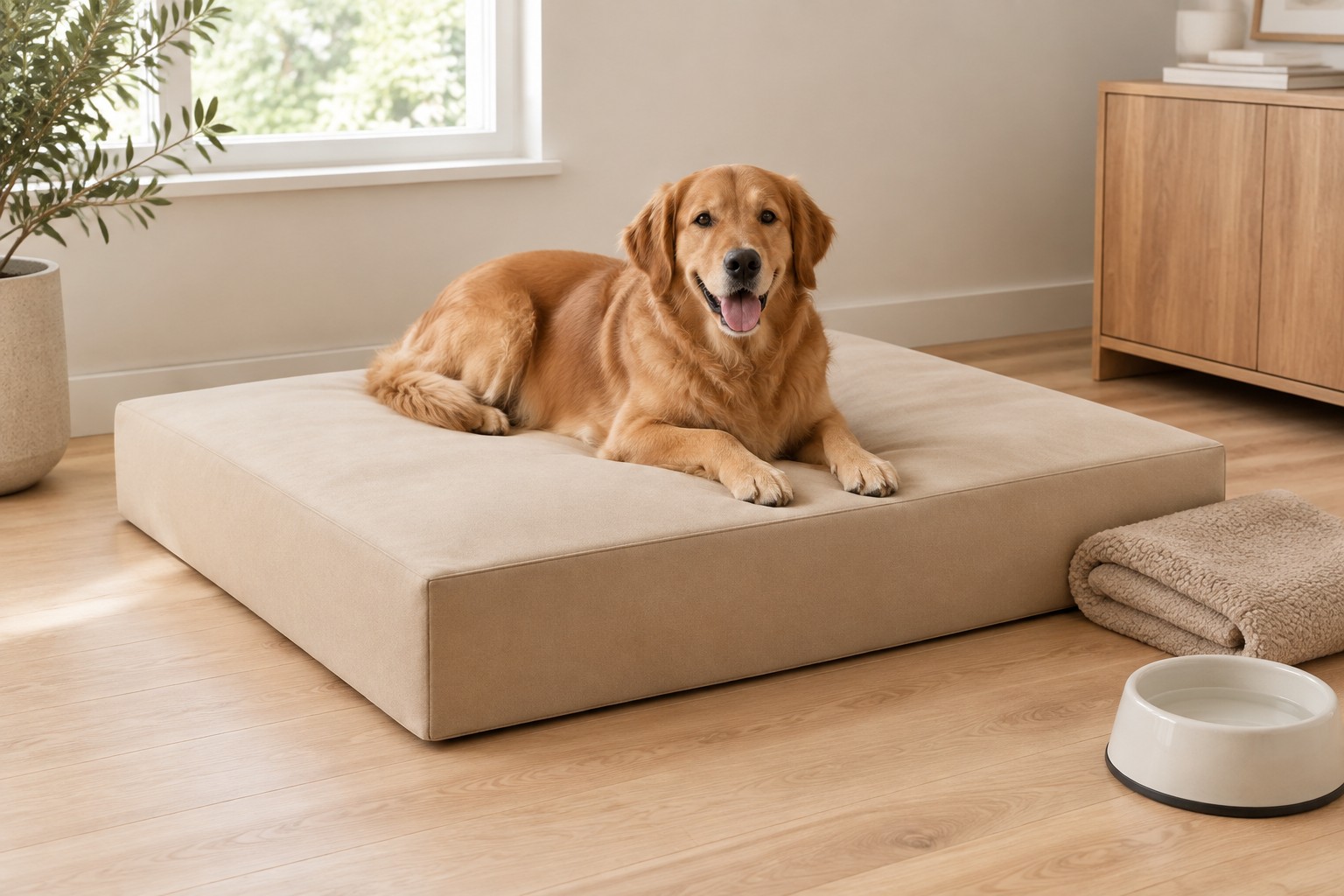 Custom dog bed cushion in a tailored cover - the six documentation questions apply to nursery, pet and contract seating alike