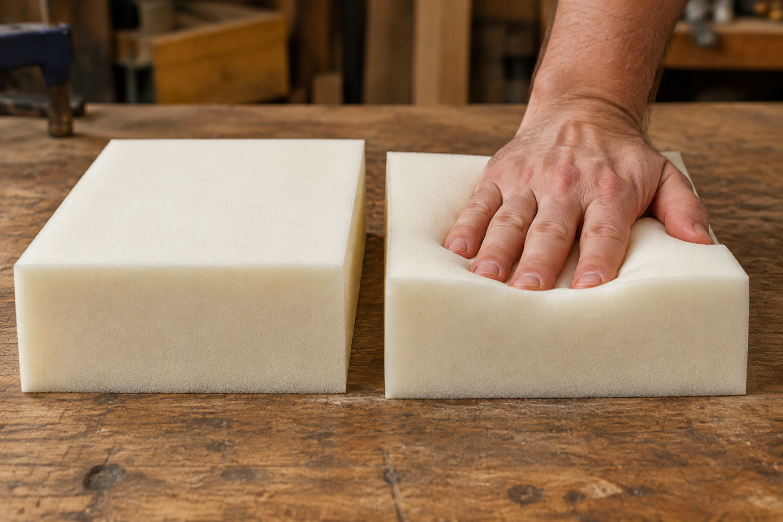 A hand pressing down on one bare foam block with an identical uncompressed block beside it for comparison - foam density press test