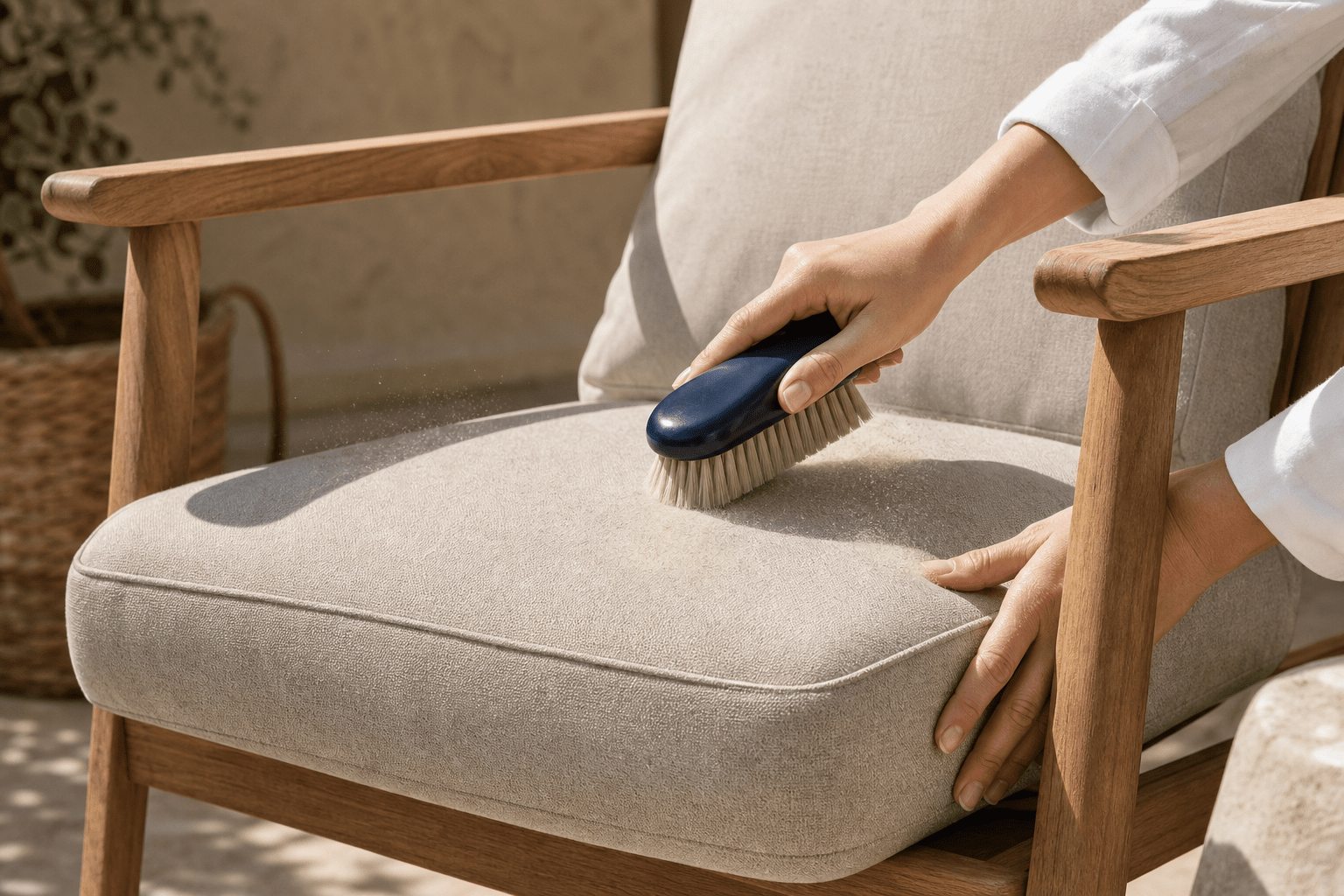 Deep cleaning patio cushions by fabric type, mild soap and lukewarm water on a woven cover