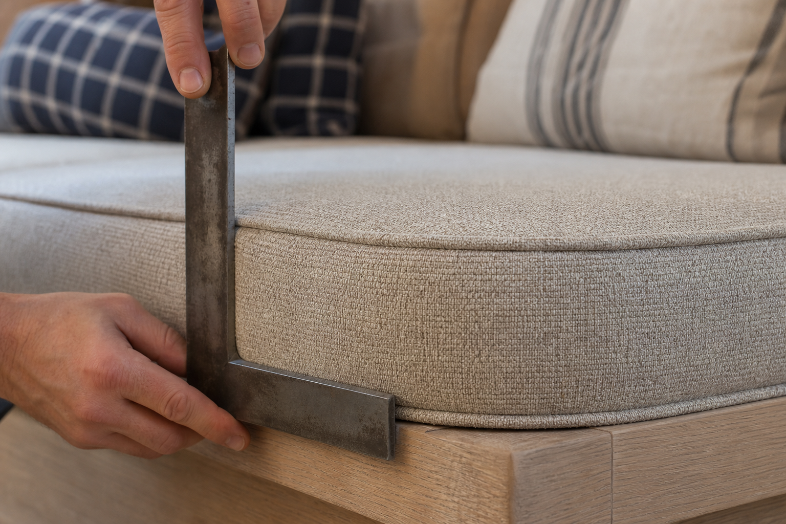 Top-down diagram of a long banquette bench divided into cushion segments, showing where seams fall between pieces and how widths are measured per section