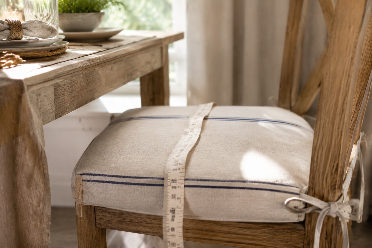 Tape measure laid front to back across a wooden dining chair seat to take the rail-to-rail depth a ladder back cushion is cut to