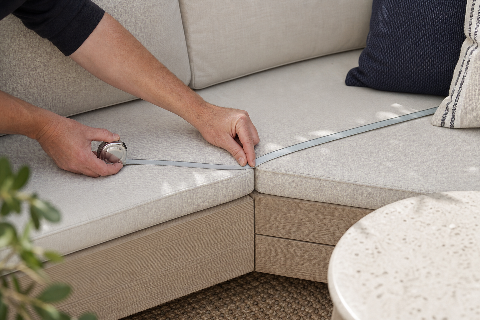 Measuring for custom L-shaped bench cushions — dimensions taken edge to edge on the sectional seat for an exact factory cut