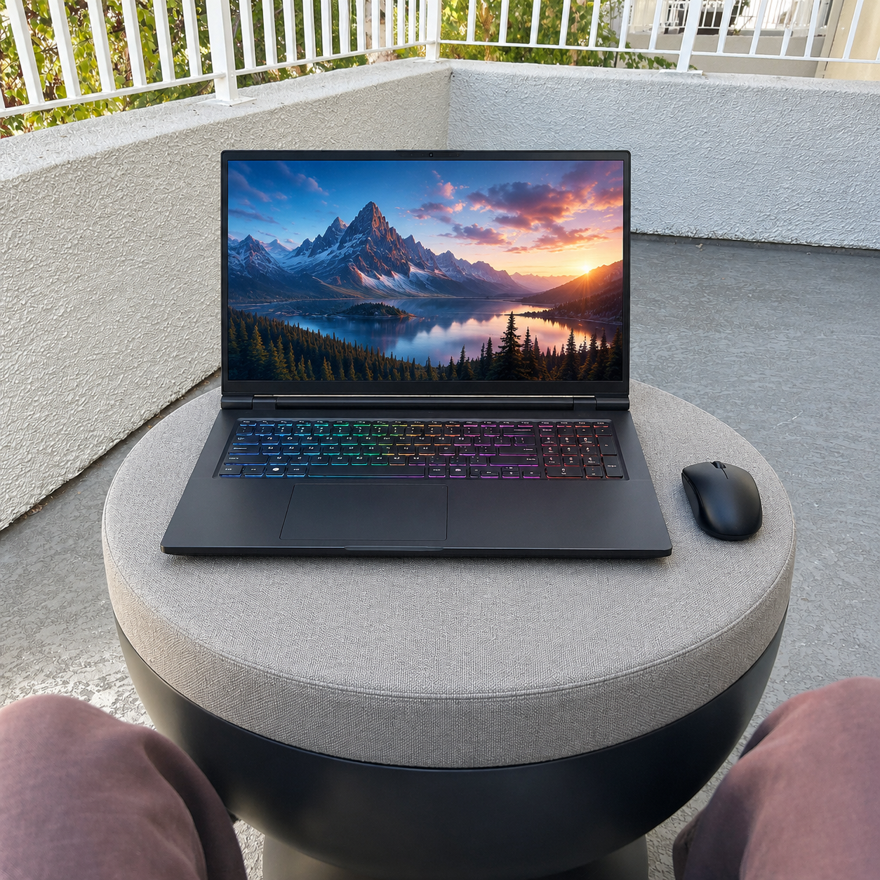 An extra-wide firm foam platform cushion on an ottoman supporting a 27-inch monitor and keyboard as a stable couch laptop desk