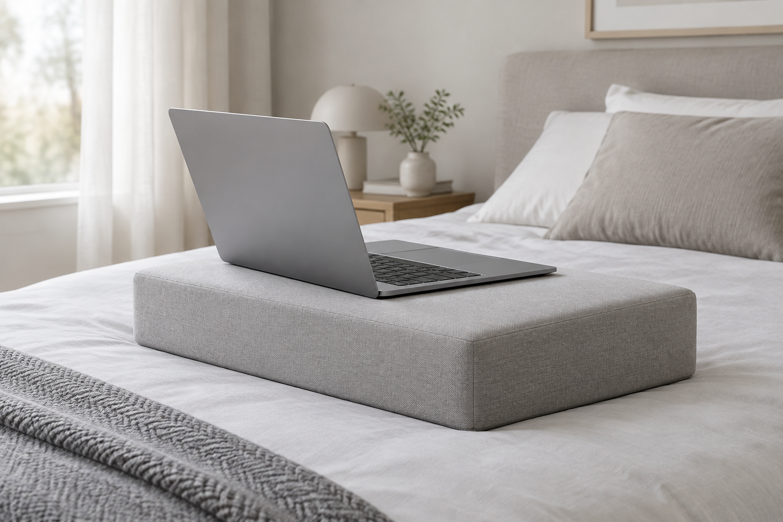 A flat-topped firm foam cushion placed on a made bed creating a stable eye-height laptop desk surface