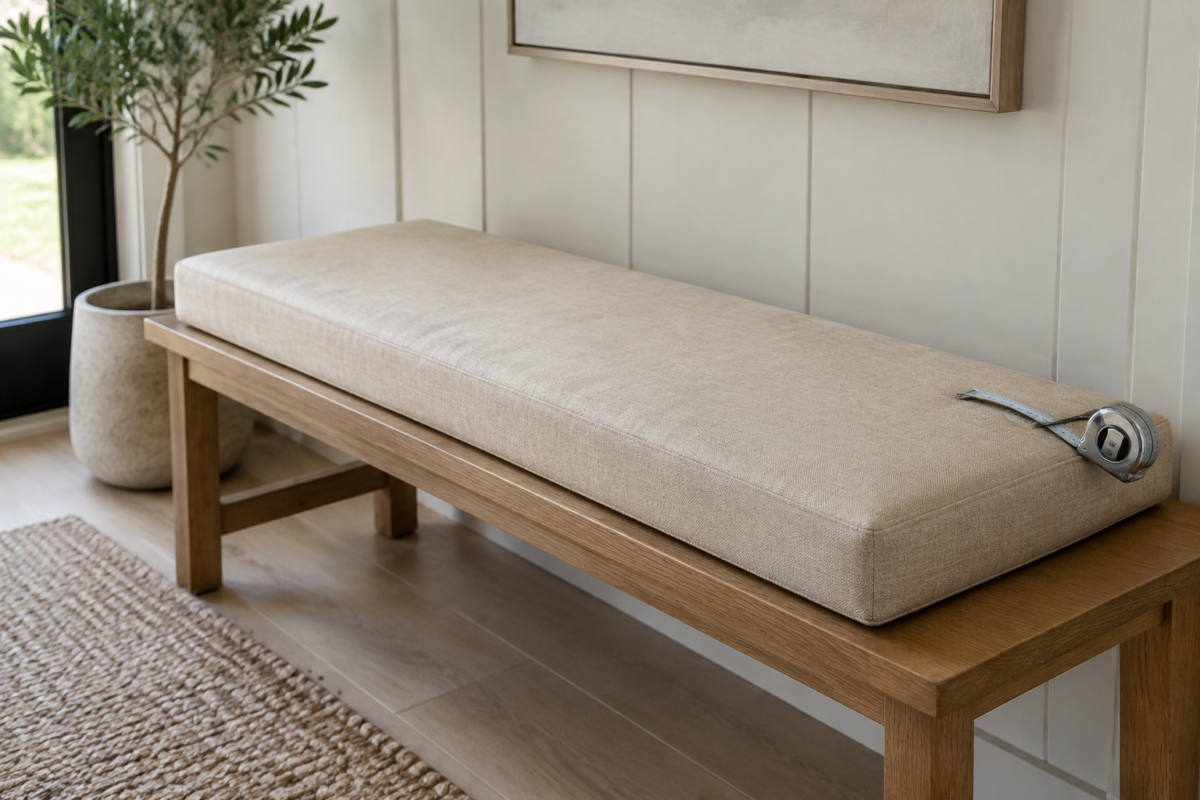 Custom bench cushion resting loose on a wooden entryway bench next to a tape measure, made to your measurements and shipped to your door