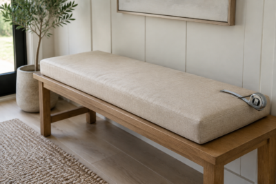 Custom bench cushion resting loose on a wooden entryway bench next to a tape measure, made to your measurements and shipped to your door