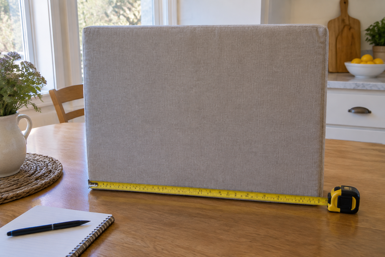Homeowner measuring an old bench cushion flat with a steel tape measure and noting dimensions before ordering custom cushions online