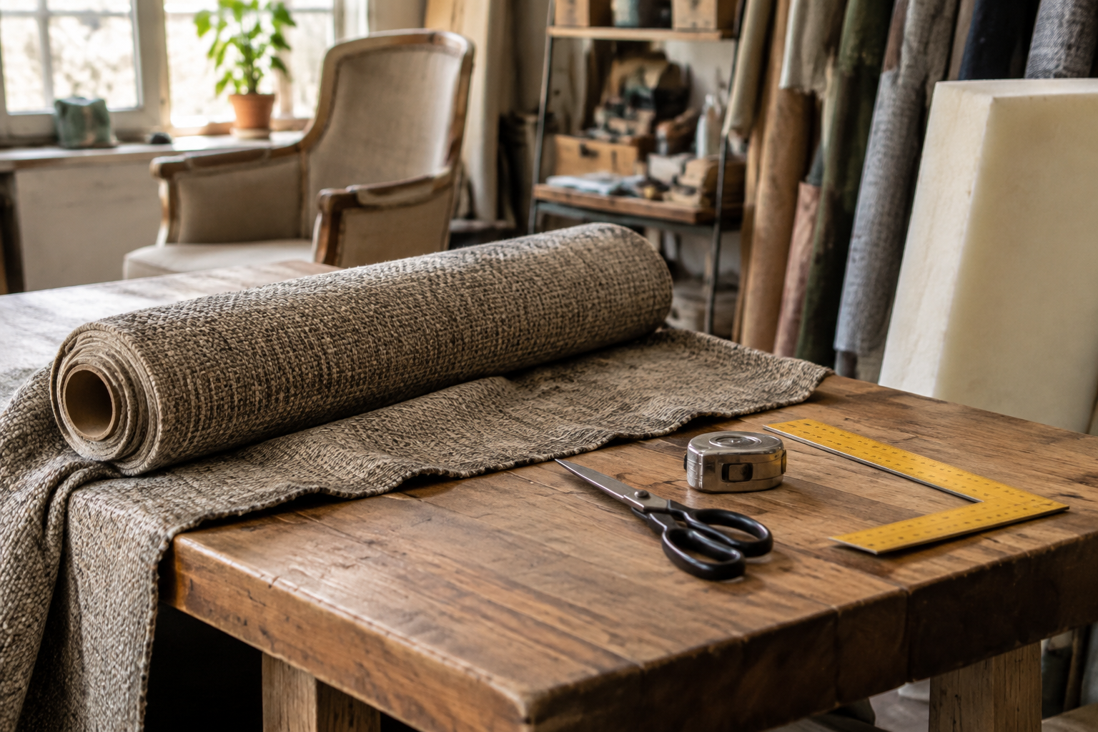 Local upholsterer workshop with an upholstery fabric bolt, tailor's shears and measuring tools laid out on a wooden worktable