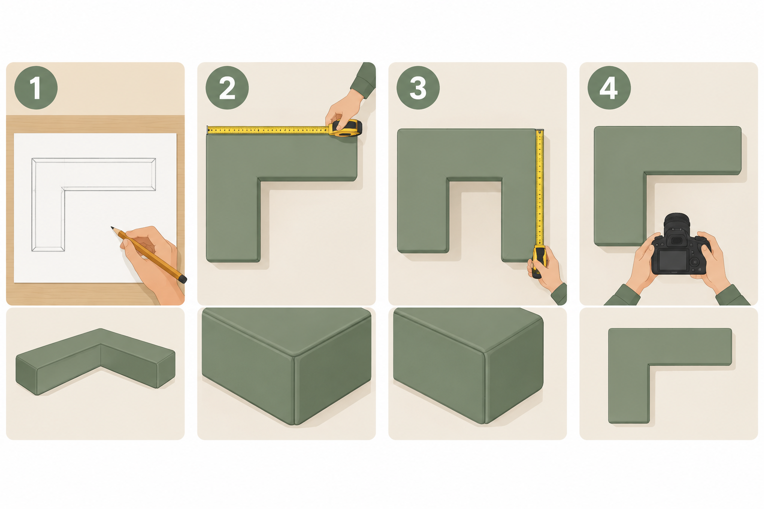 Four steps to measure an L-shaped bench cushion: sketch the bench from above, measure A along the outside edge, measure B along the outside edge, then take a confirmation photo