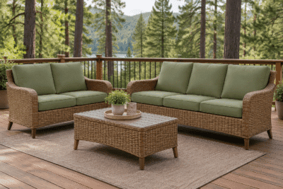 Martha Stewart Cedar Island replacement cushions — flat knife-edge deep seating cushion set layered on woven wicker patio frames