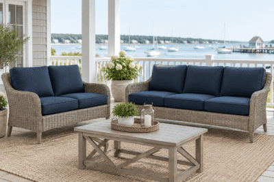 Martha Stewart Charlottetown replacement cushions — flat knife-edge deep seating cushion set layered on woven wicker patio frames
