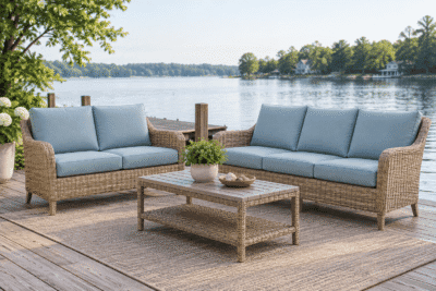 Martha Stewart Lake Adele replacement cushions — flat knife-edge deep seating cushion set layered on woven wicker patio frames