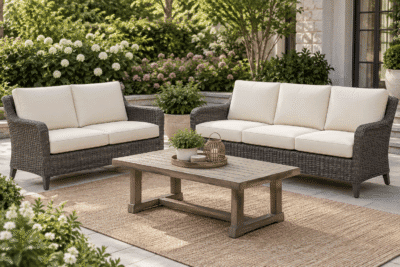 Martha Stewart Lily Bay replacement cushions — flat knife-edge deep seating cushion set layered on woven wicker patio frames