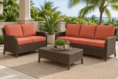 Martha Stewart Palm Cove replacement cushions — flat knife-edge deep seating cushion set layered on woven wicker patio frames