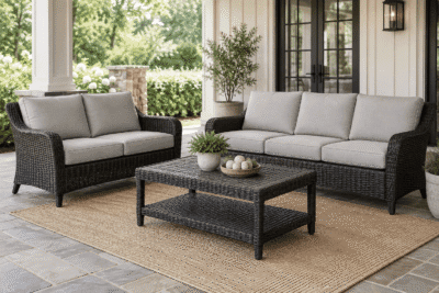 Martha Stewart Victoria Amelia replacement cushions — flat knife-edge deep seating cushion set layered on woven wicker patio frames